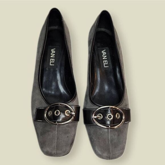 Van Eli Vaneli Brown Grey Suede Leather Buckle Kitten Heels 7.5 - Picture 1 of 7